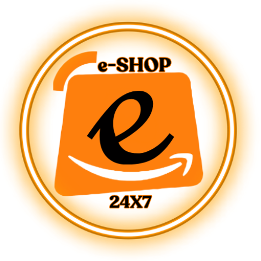 The logo of an online store, eshop24x7, showcases "e-SHOP" at the top and "24X7" below. At its heart is a vibrant orange design with a stylized lowercase 'e' and curved arrow, capturing the essence of continuous the spark shop - online shopping big discount